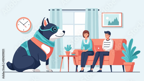 Cozy living room scene with a large dog and two people on a couch