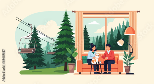 Couple with dog relax indoors with view of ski lift and forest