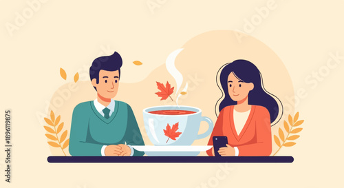 Cozy autumn scene with a couple sharing a warm drink, autumn leaves