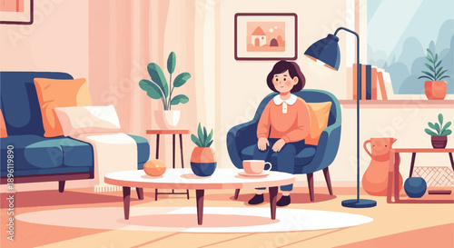 Cozy living room scene with a woman relaxing in a chair next to a sofa