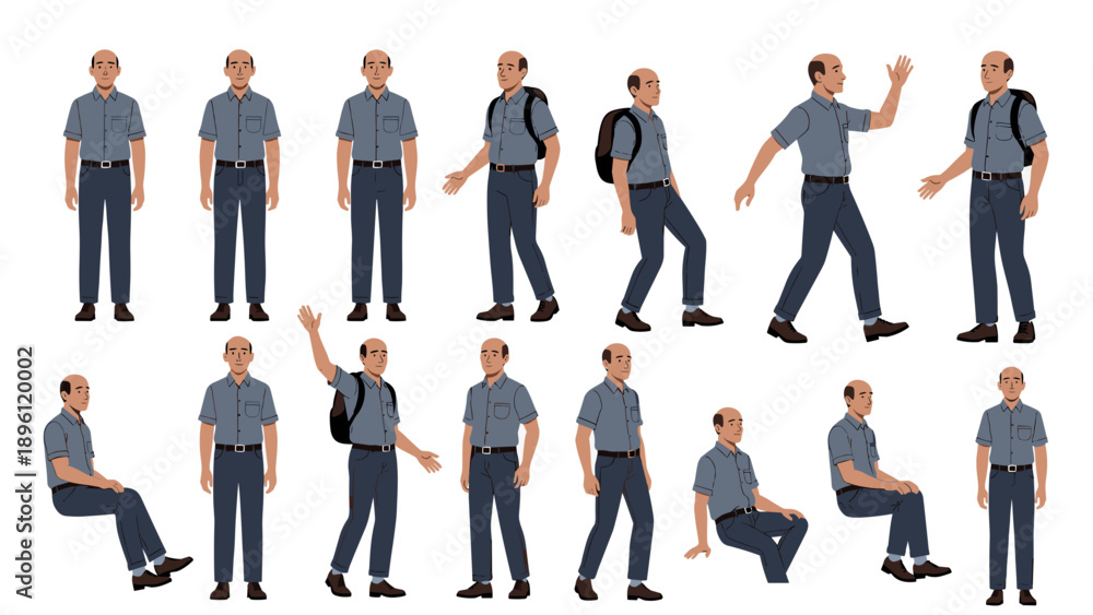 Obraz premium Collection of vector cartoon bald guy character wearing backpack and casual clothes in multiple poses, standing, walking, waving hand, and sitting isolated on white background.