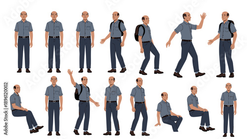 Collection of vector cartoon bald guy character wearing backpack and casual clothes in multiple poses, standing, walking, waving hand, and sitting isolated on white background.