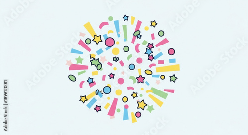 Colorful confetti explosion with stars and shapes on light blue background for celebration