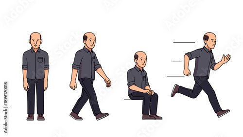 Vector flat illustration of a bald guy character wearing dark shirt in different poses, standing, walking, sitting sadly, and running fast with motion lines isolated on white background.