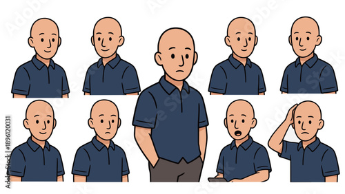 Expressive bald guy vector avatar set featuring various facial emotions like happy sad and surprised wearing a blue polo shirt for user profile design.