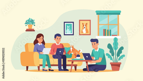 Cozy home scene with people and dog working on laptops