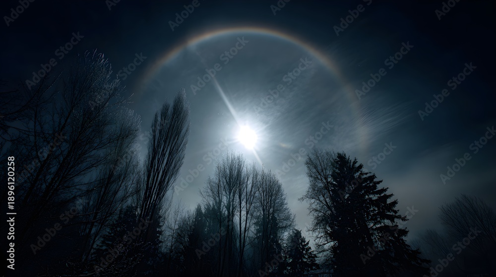 Fototapeta premium Lunar halo appears in night sky with ice crystals and silhouetted trees under moonlight