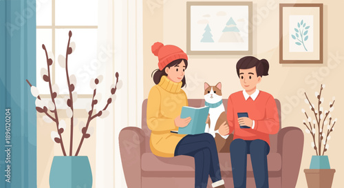 Cozy home scene with people, cat, and pussy willows by window