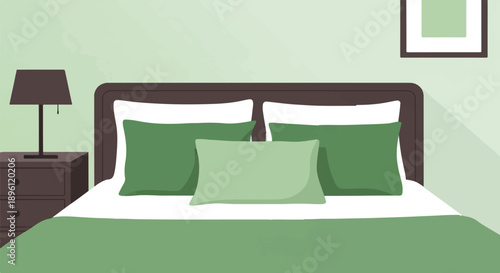 Cozy bedroom scene with a dark brown bed, green pillows, and a nightstand lamp