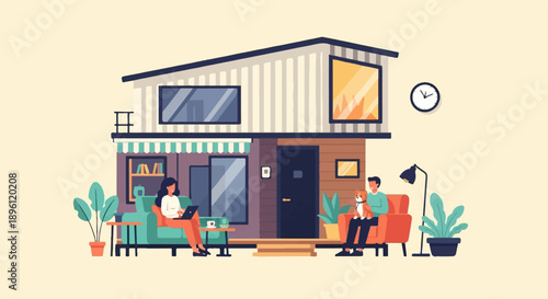 Cozy home scene with people and pets relaxing inside and outside