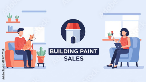 Cozy home scene with people, dog, and paint sales graphic