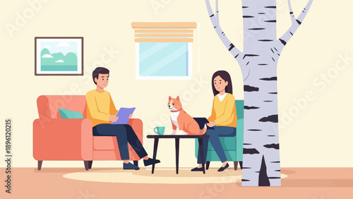 Cozy home scene with people, dog, and birch tree