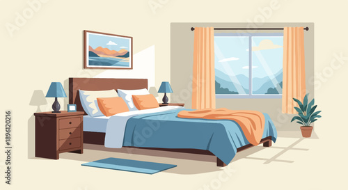 Cozy bedroom with a large window, mountain view and a comfy bed