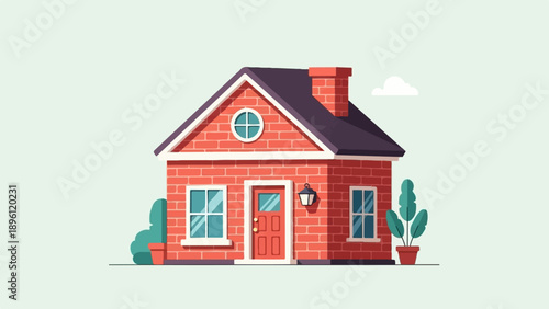 Cozy brick house with dark roof, chimney, and garden plants