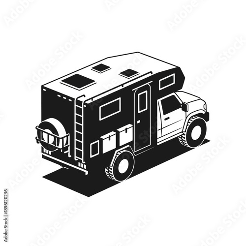 Camper van with rooftop solar panels and storage.