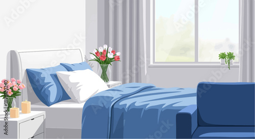 Cozy bedroom with blue bedding, pillows, flowers, and candles