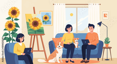Cozy home scene with people, dogs, painting, and sunflowers