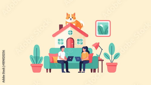 Cozy home scene with people working on laptops and a dog on the roof