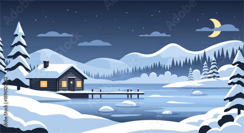 Cozy cabin by frozen lake under crescent moon and starry night sky