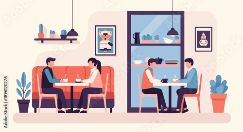 Cozy cafe scene with people enjoying hot beverages at tables, plants, and art