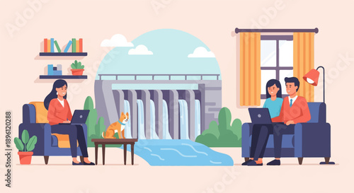 Cozy home scene with people working remotely by a dam