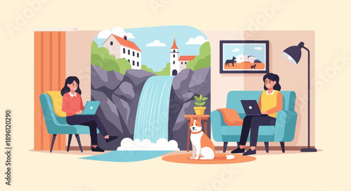 Cozy home scene with people working remotely near a waterfall