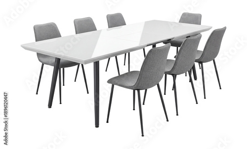 Extendable dining table with a white high-gloss finish and eight slimline chairs.
