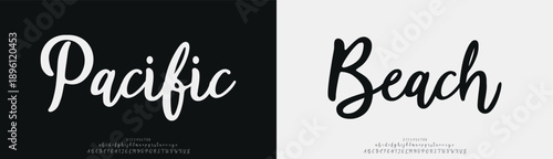 Pacific Beach, Luxury script alphabet letters font with tails. Typography elegant classic lettering serif fonts and number decorative vintage retro concept for logo branding. vector illustration
