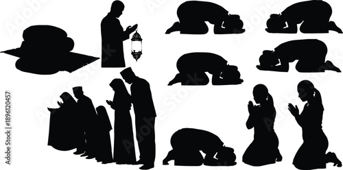 Islamic prayers and worship scenes depicted in dark silhouettes high quality
