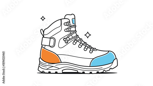 Professional white hiking boot with orange and blue accents and sparkling clean details for outdoor adventures.