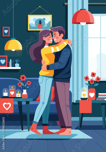 Romantic couple embracing at home during evening date vector illustration