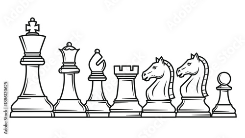 Line art illustration of classic chess pieces set including king queen bishop rook knight and pawn on white background.
