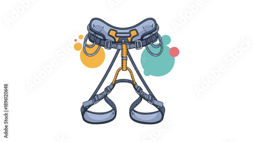 Professional climbing harness in blue and grey with gear loops is displayed against a background of colored circles.