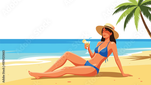 Beautiful woman in a blue bikini and straw hat relaxes on a sandy beach with a tropical cocktail and palm tree.