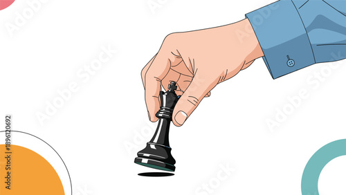 Close-up view shows a person's hand moving a black queen chess piece on a white surface with abstract circles.