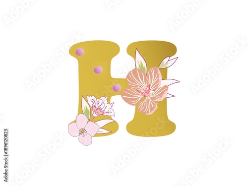 Golden letter H decorated with soft pink tropical flowers and delicate white-pink blossoms. Elegant floral tropical typography with a warm, charming look. Perfect for monograms, initials, logo design,