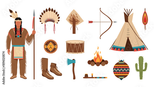 Native American warrior in traditional dress is shown with various cultural items like a teepee, bow, and headdress.
