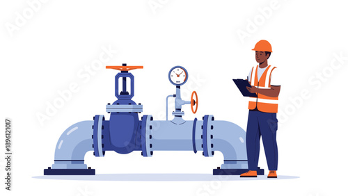 Industrial worker in safety gear inspects a large blue pipeline system with valves and a pressure gauge in a factory setting.