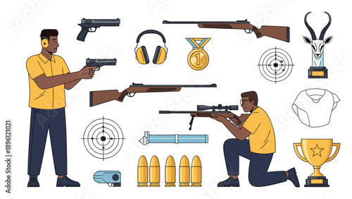 Comprehensive set of shooting sport elements includes athletes, firearms, targets, medals, and hunting trophies.