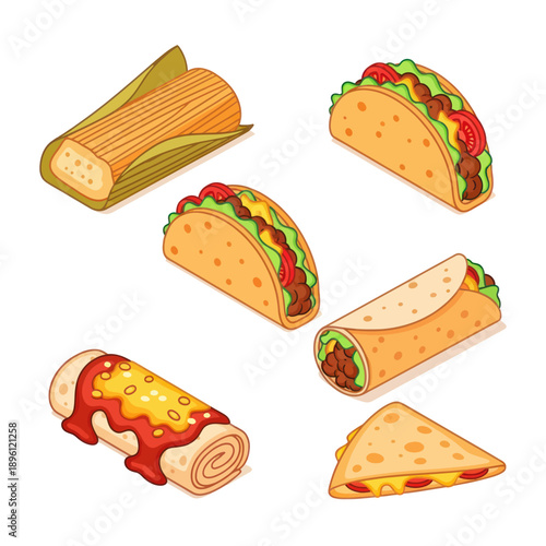 Mexican Food Assortment: Tamale, Tacos, Burrito, Enchilada, Quesadilla - Isometric Vector