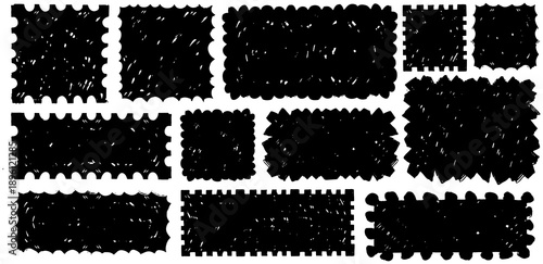 Set of crayon drawn vintage postcard stamp and picture frame elements for text boxes, photo frames, labels, scrapbooking, posters, branding, and creative design. Rectangle and square whimsical borders