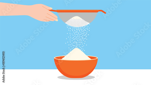 Human hand sifts white flour through a metal sieve into an orange bowl against a bright blue background in a kitchen.