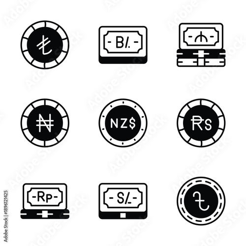 Visually appealing icons set of currency coins in trendy glyph style