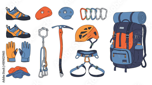 Complete rock climbing and mountaineering gear collection includes shoes, helmet, ropes, ice axe, and backpack.