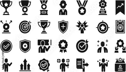 Achievement and Award Icon Set Featuring Trophies, Medals, Badges, Success Verification, Performance Recognition, Goal Completion, and Professional Business Excellence Concepts.
