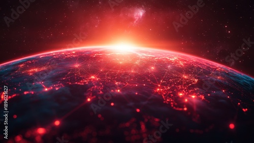 Global Digital Network on Earth from Space with Glowing City Lights and Red Horizon Global network