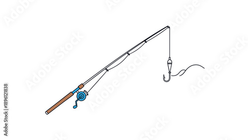 Illustrated fishing rod with a blue reel and float catching a small wave on a white background, representing outdoor recreation and sport fishing.