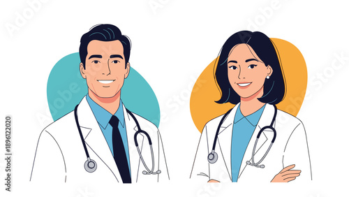 Male and female medical professionals in white coats with stethoscopes smiling confidently against soft blue and yellow circular backgrounds.