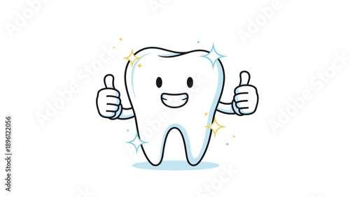 Happy cartoon tooth character with a bright smile giving two thumbs up and surrounded by stars to symbolize excellent dental health and hygiene.
