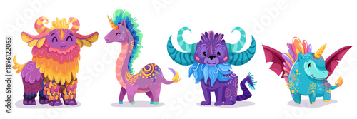 Cute cartoon creature set with mythical animals and fantasy characters. Adorable baby dinosaurs, unicorns, flying monsters with wings in kawaii style for fairytale stories. Childish vector illustratio
